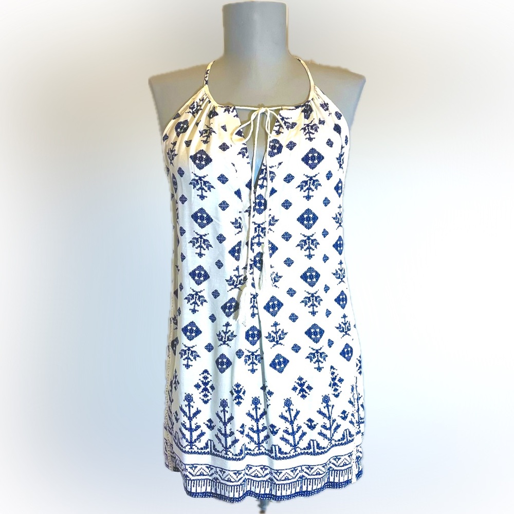 NWOT Ava Christine Navy & Cream Tribal Print Rayon Tank Size S Halter Neck